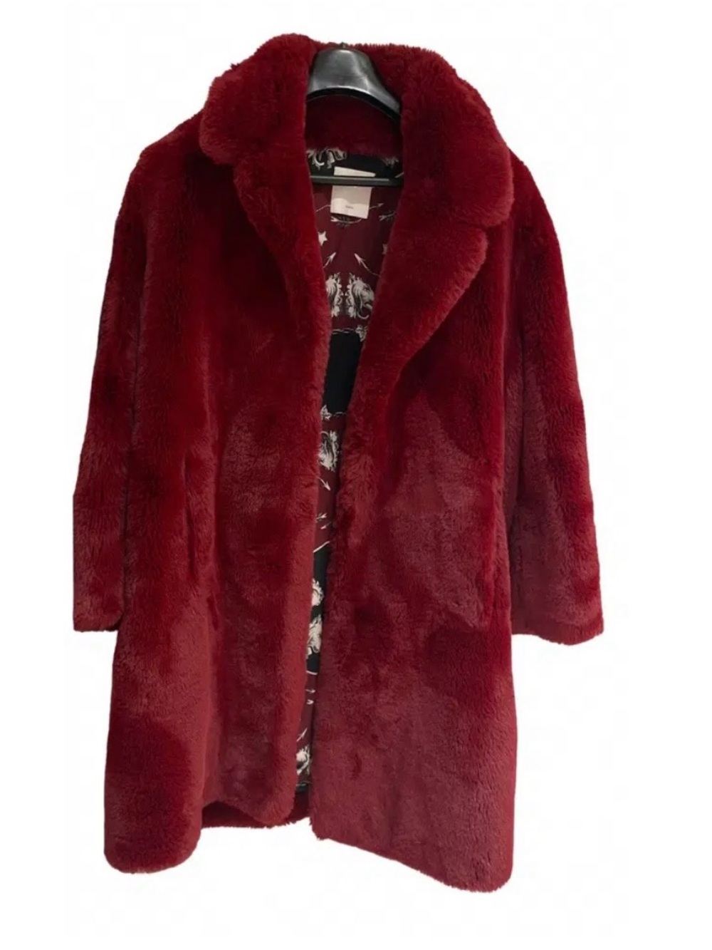 Sandro Paris Oversized Faux Fur Coat Deep Burgundy Size 34